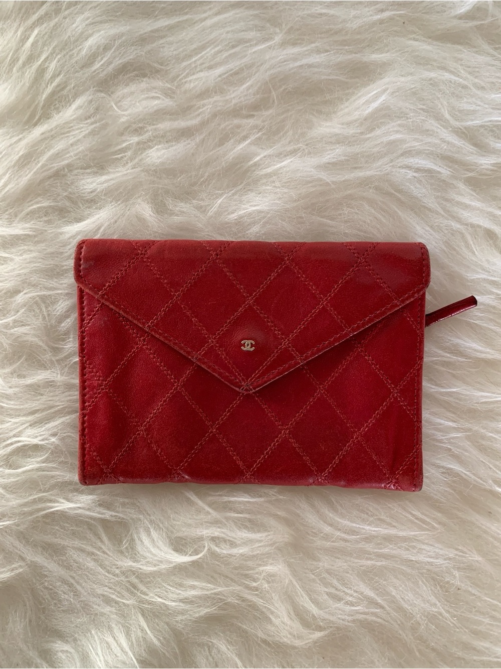 CHANEL Red Quilted Leather Envelope Wallet with CC Accent